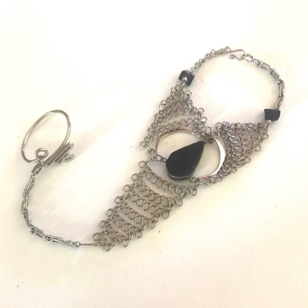Handcrafted Peruvian Silver Bracelet with Black Semi Precious stone